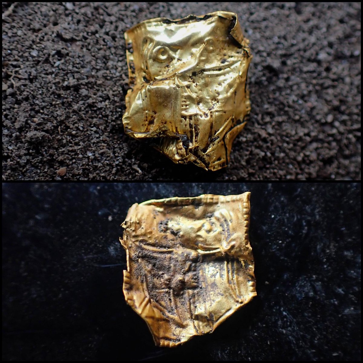 A couple of days ago this embossed gold foil “guldgubbe”, featuring a man and woman in typical dress, was found in Østfold, 🇳🇴.

🥳

#FindsFriday 

(📸/finder: Mikkel Killingmoe Christensen)