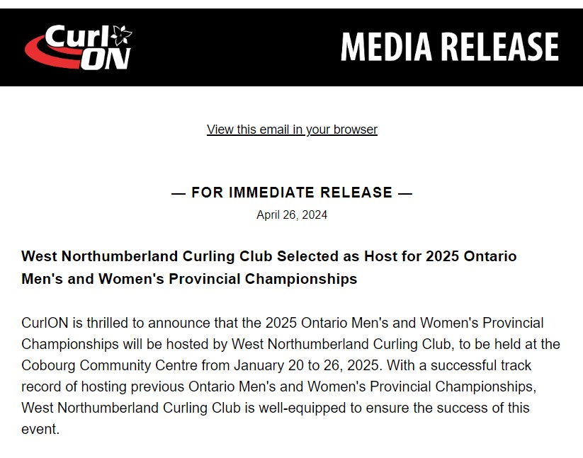 Ontario Women's and Men's Provincial Championships will be in Cobourg in January 2025.  Close to home for PCC members.  This club did a great job in 2017.