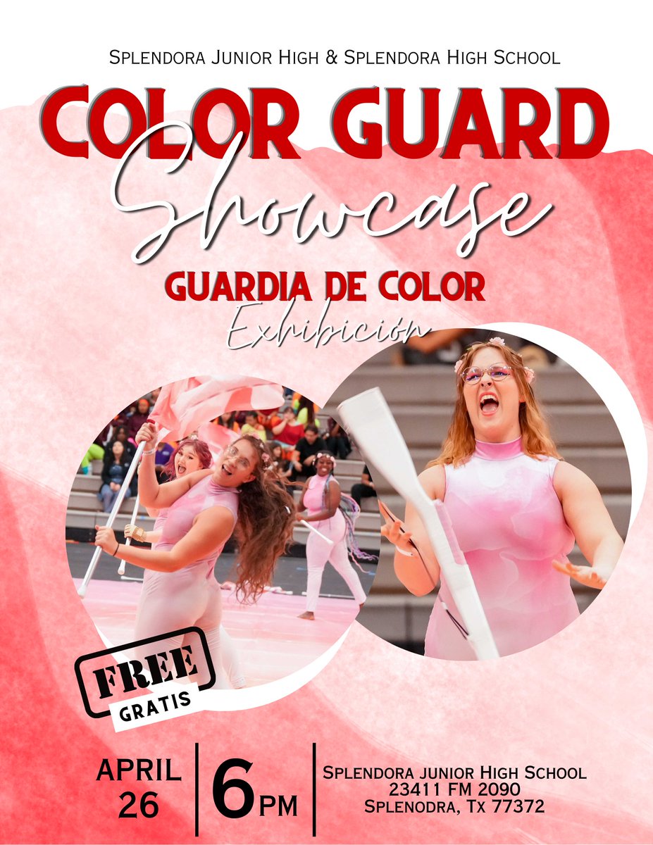 The SJH/SHS Color Guard Showcase will begin at 6 pm tonight at the Splendora Junior High School. Don't miss these talented students' performance.