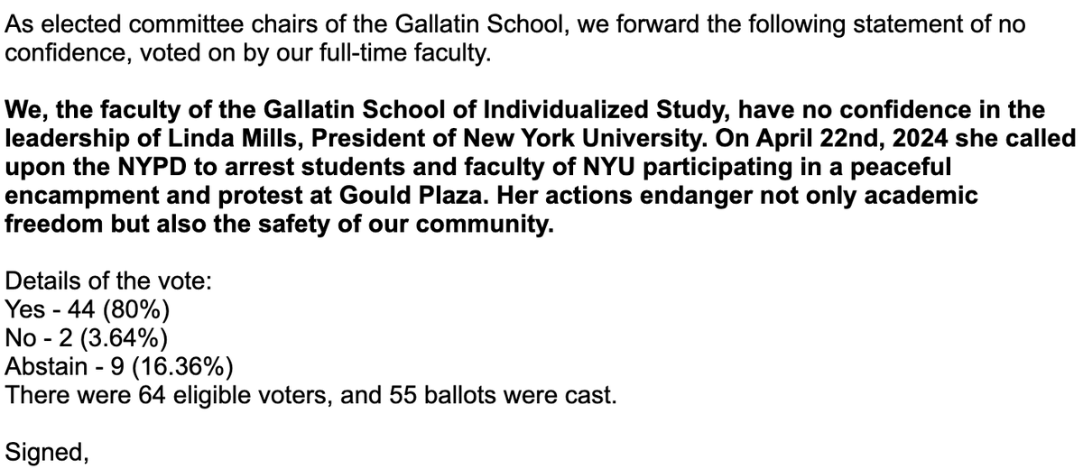 #NYU #Gallatin Faculty vote no confidence in leadership of Mills. Results below.