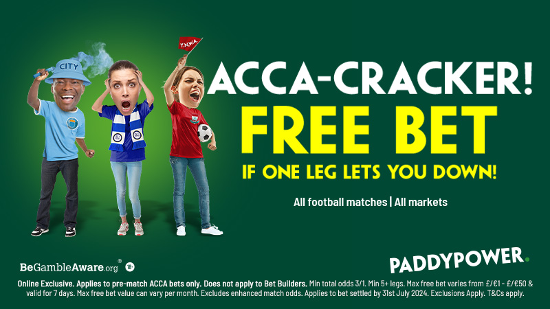 What do Paddy's homemade table and your Acca have in common? One leg let them down! Paddy's got you covered with a free bet back, if 1 leg of your 5+ leg Acca loses! Minimum total odds of 3/1 (4.0), and does not apply to Bet Builders! Full T&Cs: shorturl.at/glrAT