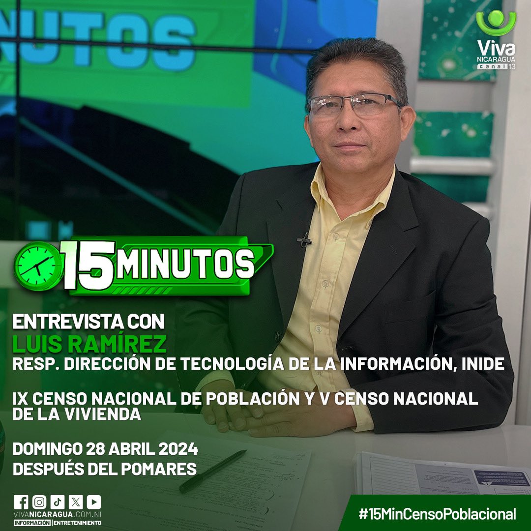 IX Censo Nacional de Población y V Censo Nacional de la Vivienda🇳🇮🙌🏻 ✨”Facilita Tu Información al Censo” ✍️ Luis Ramírez Responsable de Dirección de Tecnología de la información INIDE en #15MinCensoPoblacional 📅 Domingo 28 de abril, después del Pomares⚾