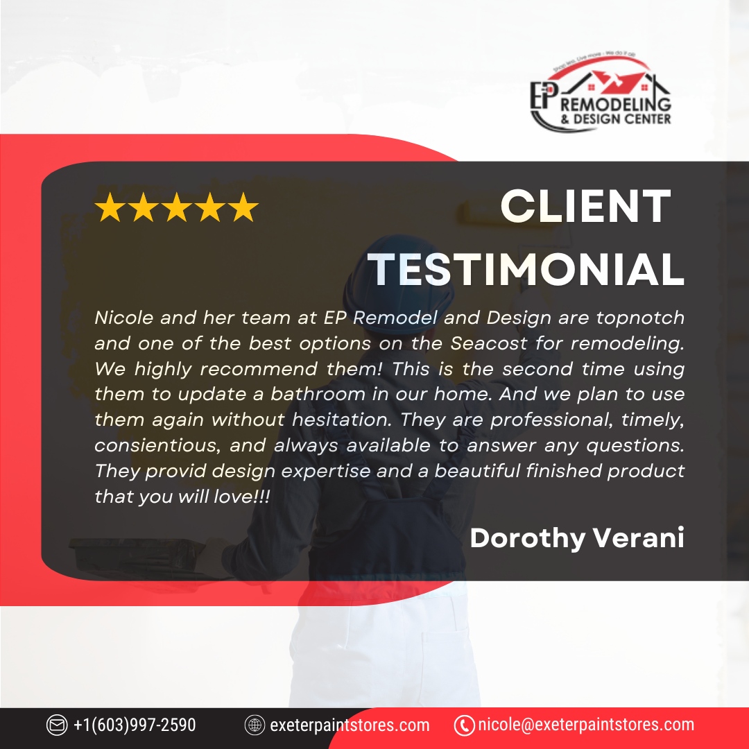 Huge thanks to Dorothy Verani for choosing Exeter Paint Remodeling & Design for her bathroom updates, twice! 🏠 

Your praise for our professionalism and design expertise means the world. Here's to more stunning transformations together! 🎨
