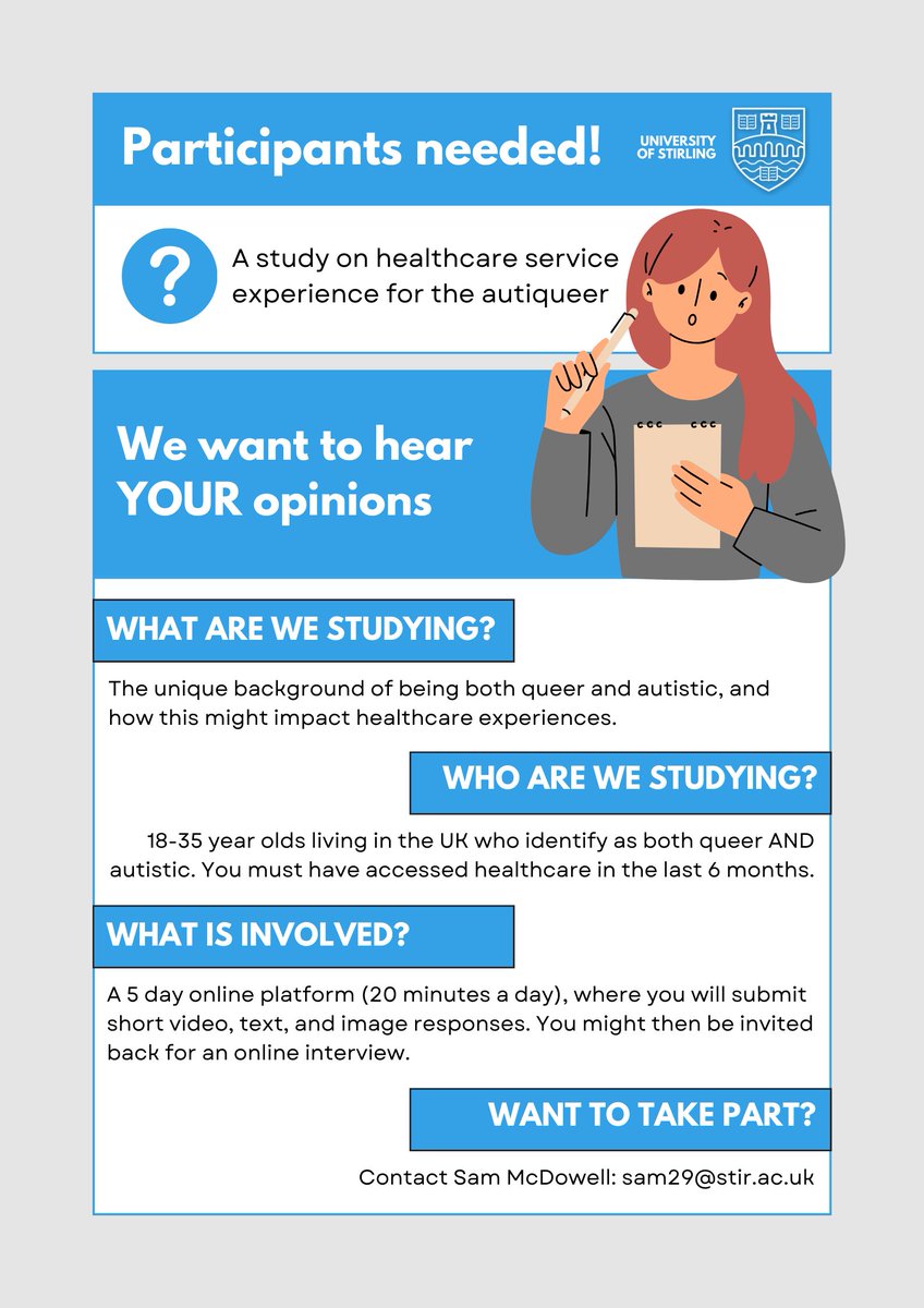 📢 STUDY ALERT 📢 A great PhD student Sam, is looking for participants for a study looking at healthcare experiences amongst queer autistic people. Want to take part? Looking for: ✅ People who are Autistic AND Queer ✅Live in the UK ✅ 18-35 ✅Accessed healthcare < 6 months