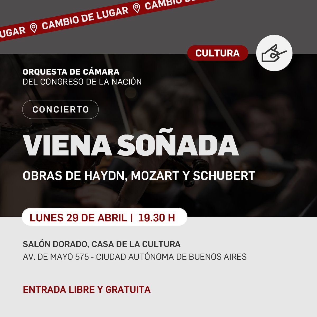 🎼El próximo lunes 29 de abril a las 19:30 h la Orquesta de Cámara del Congreso de la Nación ofrecerá el concierto “Viena Soñada” con un repertorio compuesto por obras de los compositores austríacos Haydn, Mozart y Schubert. La entrada es libre y gratuita. ¡Te esperamos!