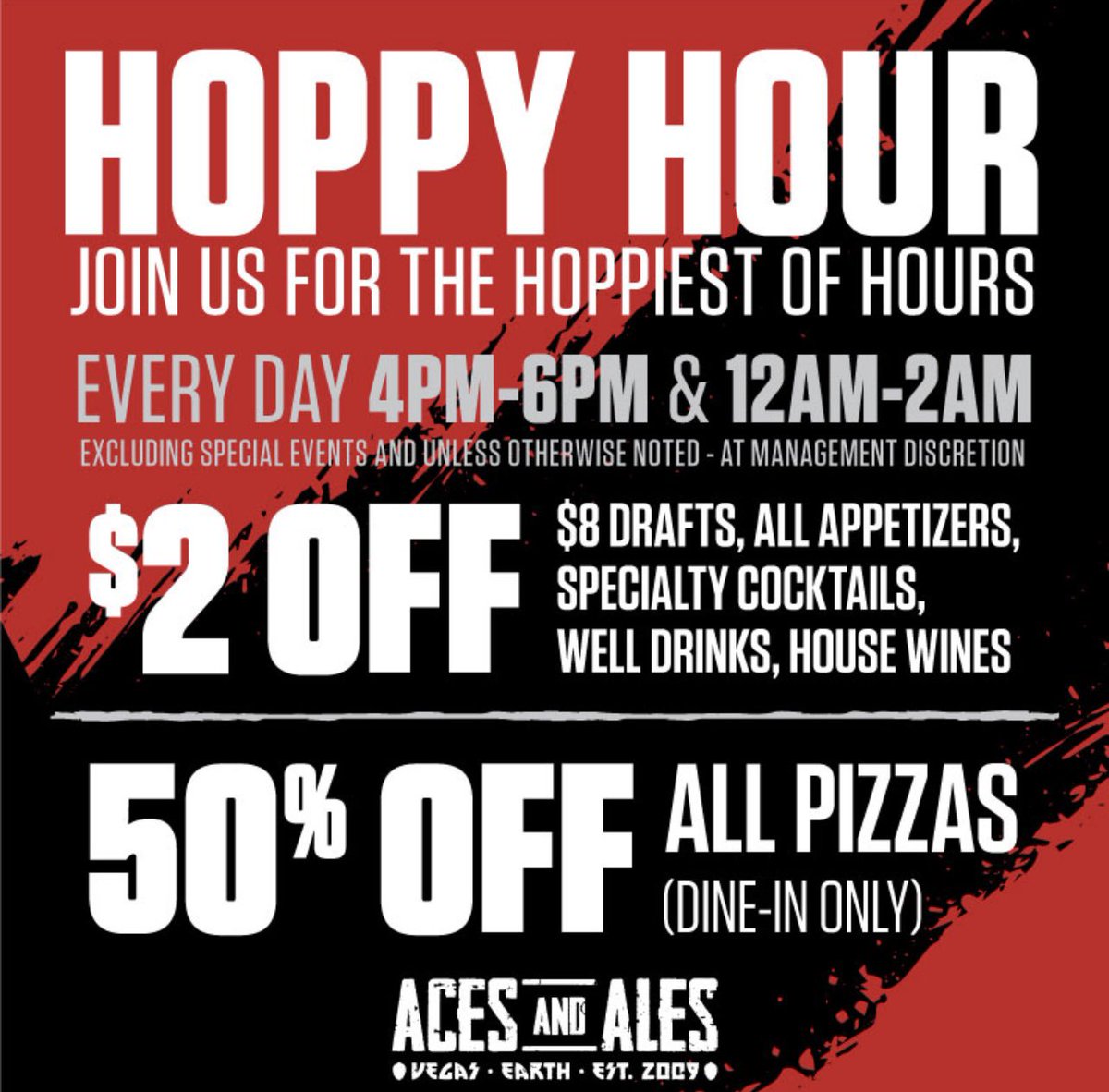 🍺🍕Join us EVERYDAY for Hoppy Hour!🍕🍺

✅ 4pm to 6pm
✅ 12am to 2am

#hoppyhour #happyhour #happyhourlasvegas #happyhourvegas #lasvegashappyhour #vegashappyhour #acesandales #acesandalestenaya #acesandalesnellis #lasvegas #lasvegascraftbeer #lasvegasfood