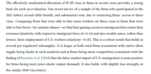 As @m_clem has documented, there ARE jobs that farmers/ranchers and others simply can't get American labor for, and that need immigrants. When employers win the H-2B lottery, they end up hiring MORE, not fewer, Americans, than those who lose the lottery. nber.org/papers/w30589