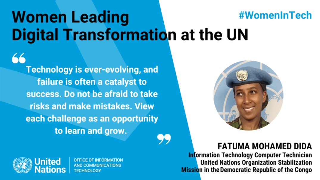 Fatuma Mohamed Dida, Information Technology Computer Technician at @MONUSCO, talks being fueled by 'the desire to challenge the stereotype that technology and engineering are exclusively male domains.' 

Read her #WomenInTech profile today to learn more! unite.un.org/WomenInTech-UN…