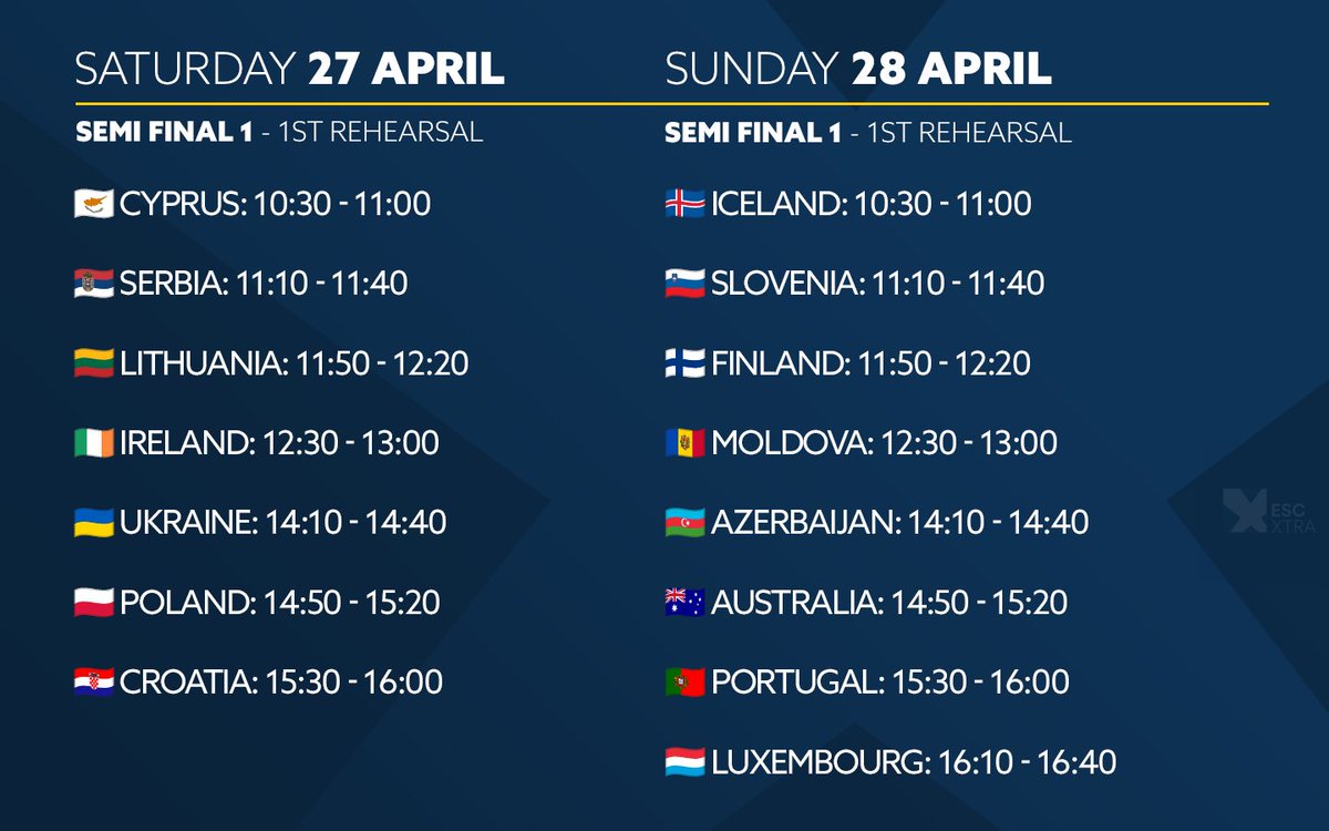 ⏩ Soon the #Eurovison 2024 rehearsals will begin. This is the schedule for the weekend. Who will you be looking out for?