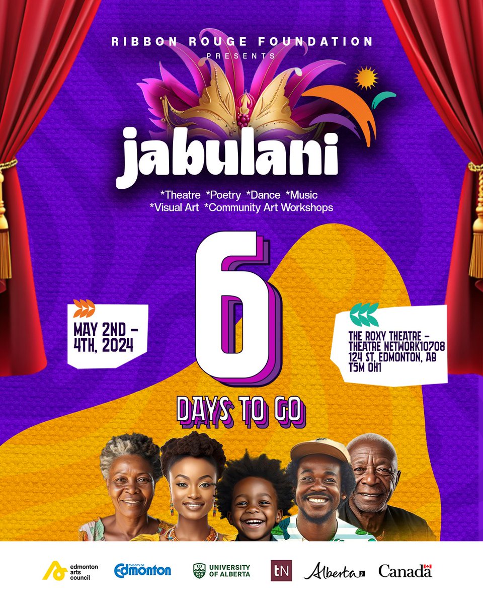 Countdown Alert!
Only 6 days left until JABULANI Festival!
Are you ready for the magic?

Kindly click link below for tickets !!!!!!
theatrenetwork.ca/jabulani-arts-…

#JabulaniFestival #countdownto6 #Jabulani2024
#artfestival #theatreartspace #artforchange #Ribbonrougeproduction