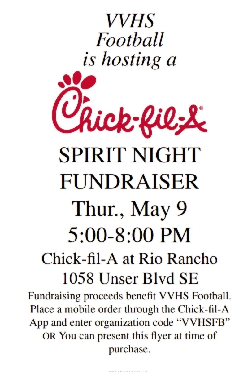 Chick-Fil-A is holding a fundraiser for VVHS football. Make sure to save the date. Proceeds to go to program. #Gata 🏈🖤🤍