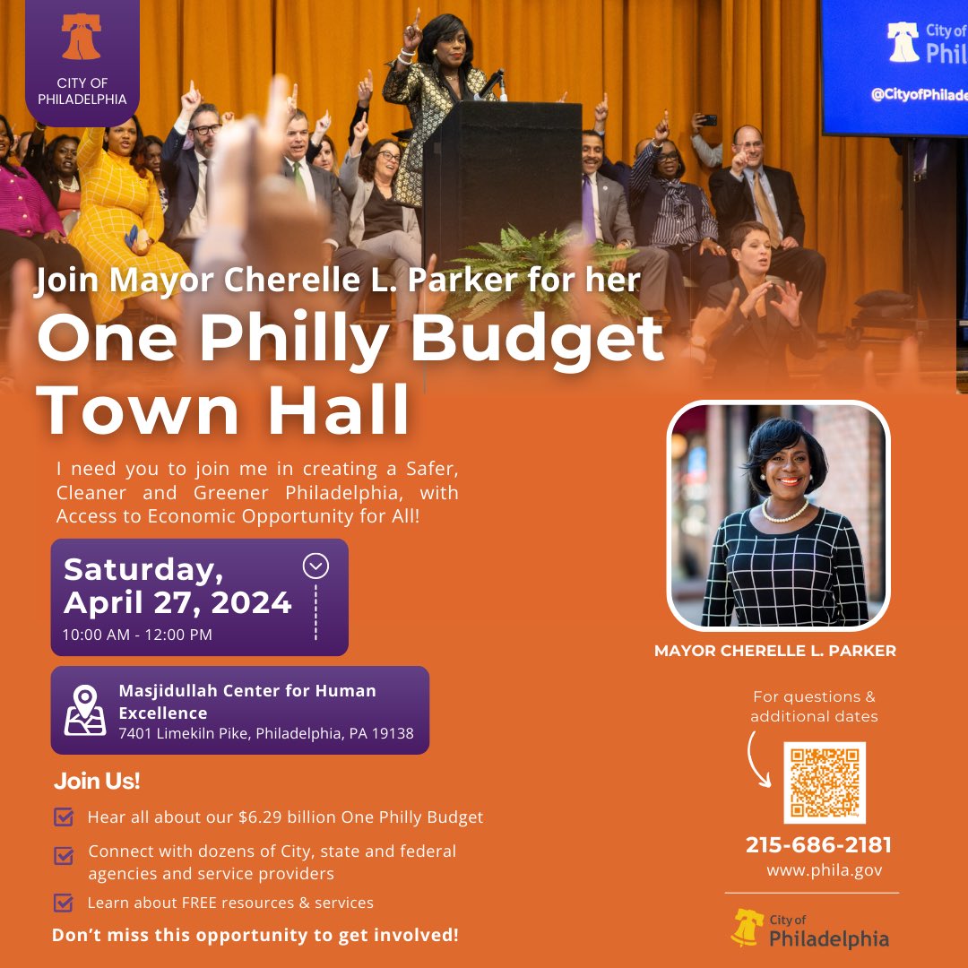 .@PhillyMayor will be hitting the road alongside City officials for a One Philly budget town hall tour across Philadelphia from Saturday, April 27 through Tuesday, June 4, 2024. Sign up to attend and get involved: bit.ly/onephillybudge…