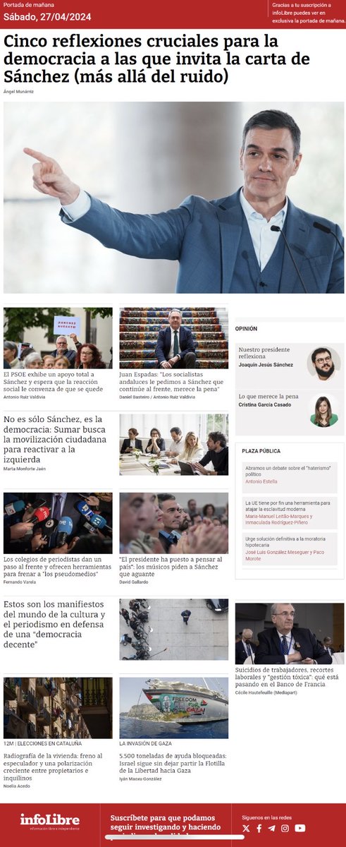 La Portada de ⁦@_infoLibre⁩ Cinco reflexiones cruciales para la democracia a las que invita la carta de Sánchez (más allá del ruido); El PSOE exhibe un apoyo total a Sánchez y espera que la reacción social le convenza de que se quede… Suscríbete: infolibre.es/portada/27-04-…