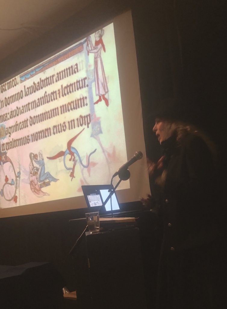 Here's me at last night's Salon for the City at the horse hospital. It wasn't that dark, honestly. 14th-century Luttrell Psalter on screen for a deconstruction of the category Singlewoman/Prostitute/Common woman.