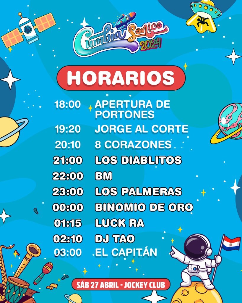 HORARIOS LISTOS para #CUMBIASONICO 2024 en el JOCKEY🥳 🗓️27/Abril 📍Jockey Club 🎟️Entradas Puntos @ticketeapy y vía web en bit.ly/Cumbiasonico20…