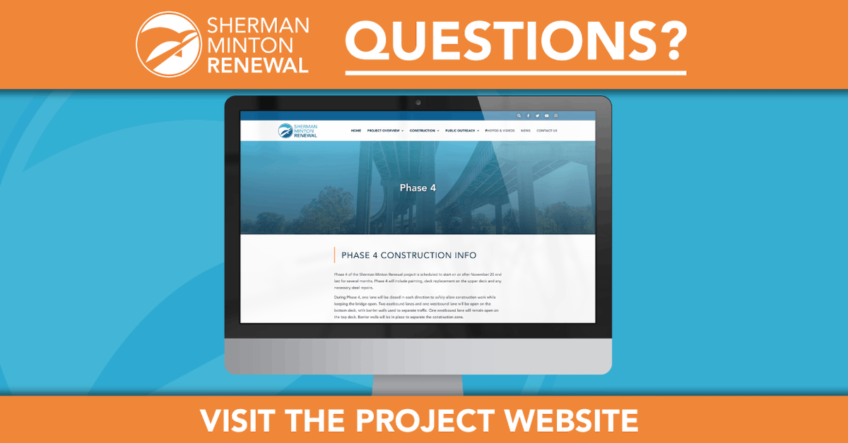 The Sherman Minton Renewal website is your one-stop shop for news and project updates. 🌐 Learn about Phase 4 of construction, get your questions answered in our FAQs section and stay on top of upcoming traffic updates at ShermanMintonRenewal.com.