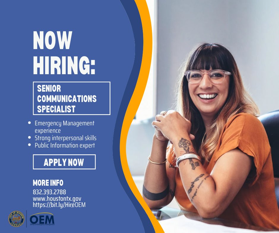 Calling all communicators- Houston OEM is seeking an energetic and motivated candidate to serve as Senior Communications Specialist! Apply today- bit.ly/HireOEM