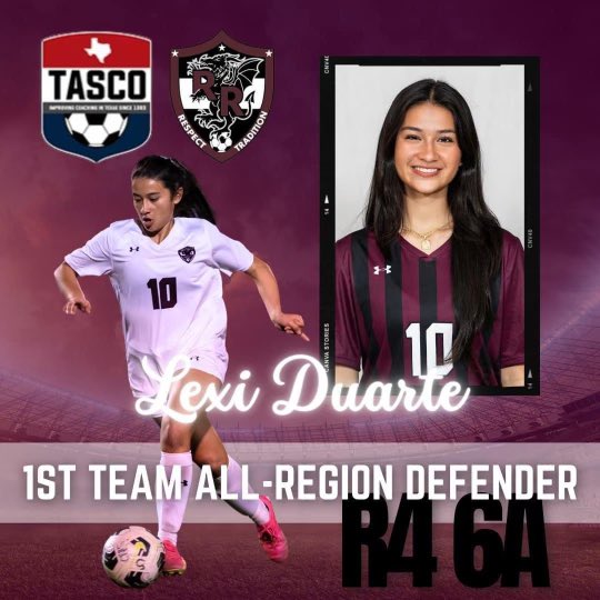 Congratulations to @lexiduarte12 for being named Texas 6A 1st Team All-Region Defender by @tascosoccer!!! @sting_austin @ImYouthSoccer @ImCollegeSoccer @EcnlTexas @tascosoccer @LethalSoccer @TopDrawerSoccer @travismclark