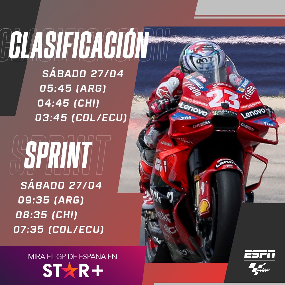 ¡Este sábado, no te pierdas la Clasificación y la Sprint de MotoGP desde España!
Qualy: ESPN2
Sprint: ESPN4
junto a @matisanchez y @MartinUrruty