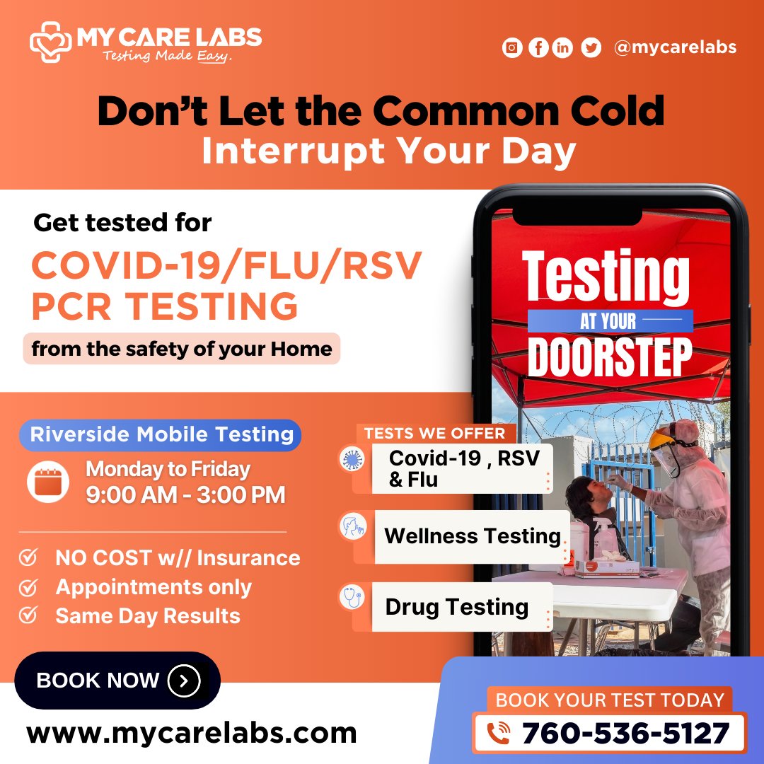 🚗 Riverside, get ready for a health revolution on wheels! My Care Labs Mobile Testing is bringing COVID-19/RSV/Flu PCR testing to your doorstep or at the Riverside Gurdwara Pop-up! 📞📱 Call/Text at 800-790-4550 or visit ow.ly/YEhg50QK8tX