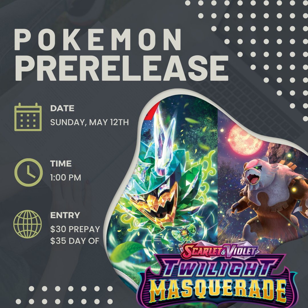 What's this? Bloodmoon Ursaluna and Ogerpon are now in a set! Prerelease for Twilight Masquerade is nearly here, come get a preview of what you can expect from the set on Sunday, May 12th at 1pm!
#phatcatzgaming #phatcatz #pokemon #tcg #twilightmasquerade #pokemonprerelease