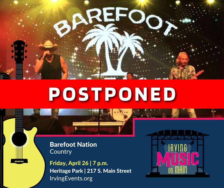 Due to the risk of severe weather this evening, tonight’s Music on Main concert has been postponed. We will share a new date for the event as soon as possible. cityofirving.org/civicalerts.as….