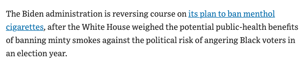 If Biden really thought that menthol cigarettes were killing the black community, then that means he'd rather see the black community die to save his election chances. From WSJ: wsj.com/politics/polic…