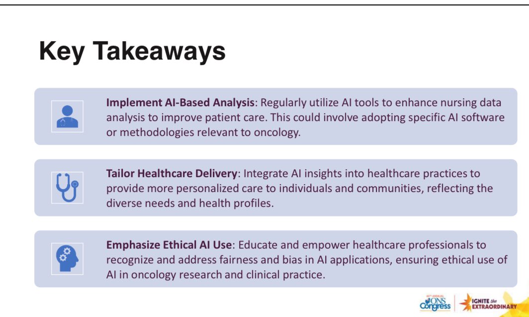 The possibilities of #AI are endless! However, it’s important that @oncologynursing are at the table when discussing how to implement within clinical practice to reduce bias, stigmatizing language, address ethical concerns & protecting patients data #ONSCongress