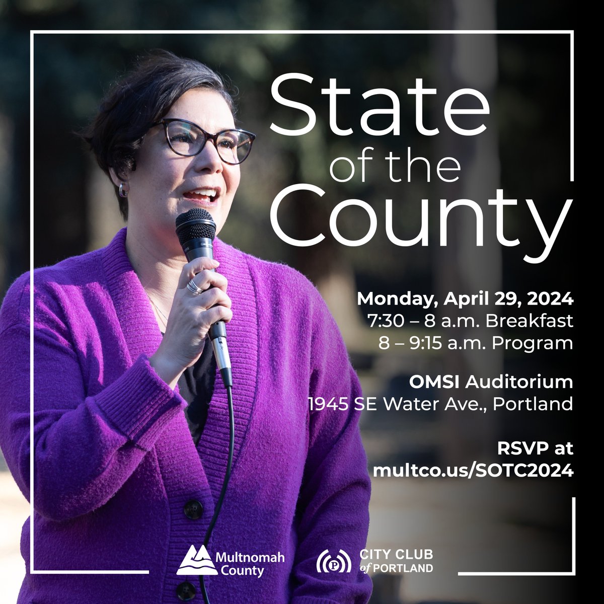 ICYMI: On Mon. Apr. 29 Chair @jvegapederson will deliver her State of the County address at the OMSI Auditorium. Following the Chair’s remarks, there will be a Q & A portion of the program. Doors open @ 7:30 a.m. RSVP at multco.us/SOTC2024