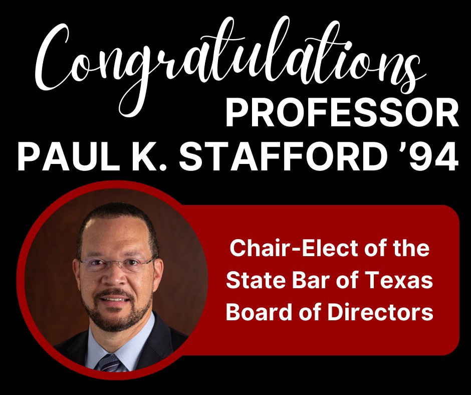 Professor Paul K. Stafford '94 has been selected as the chair-elect of the State Bar of Texas Board of Directors. Congratulations, Professor Stafford! bit.ly/4b7EgKo