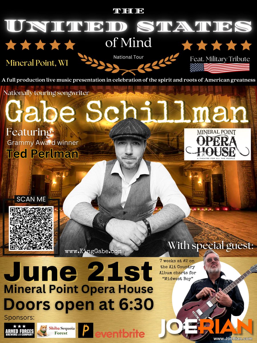Soooo excited for this show in Mineral Point, Wisconsin at the Mineral Point Opera House! The Legend @tedperlman will be bringing the magic, & the Midwest Boy himself, @JOERIANMUSIC2 will be opening up the show! You don't want to miss this one! 'The United States of Mind' full