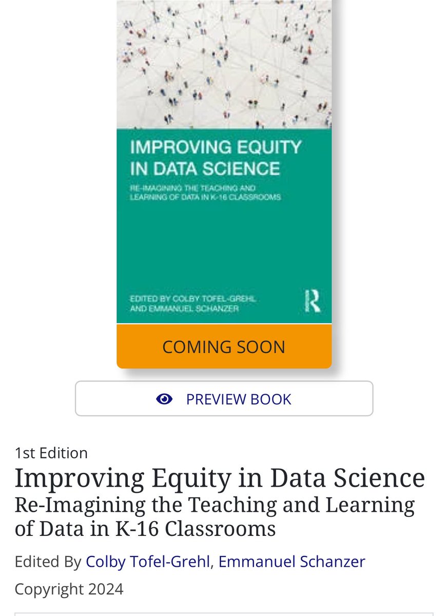 Excited to share our book on improving equity in data science education will be hitting shelves next month. Honored to learn from so many brilliant folks including @JusticToshiba @shuchig @guzdial @tammy_shreiner @FTMathteacher @VicariousLee @ahnjune and a billion others!