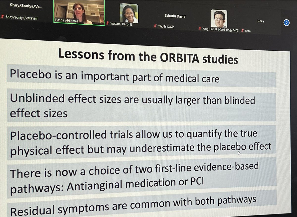 Amazing grand rounds @UCLAHealth from world renowned ORBITA trialist Dr. Rasha Al-Lamee discussing the importance of placebo controlled trials for medical procedures!!! Thank you so much for this fantastic session! @rallamee @uclaCVfellows @kewatson @datsunian #WIC #bruinhearts