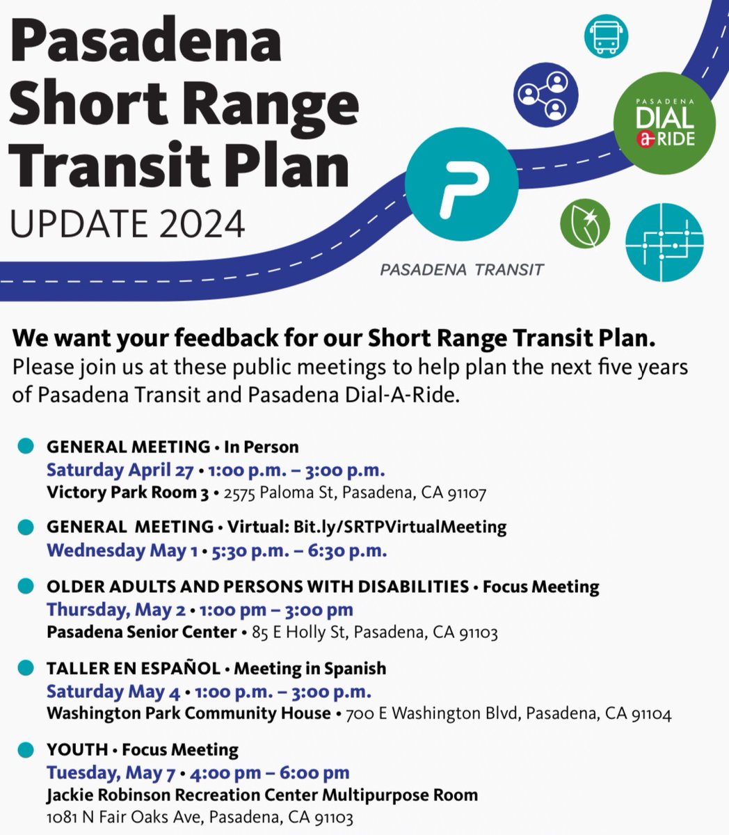 The Pasadena Department of Transportation will host a series of meetings regarding the Short Range Transit Plan update where participants can provide public feedback on public transit services. The first meeting will be held on Saturday, April 27 from 1 pm - 3 pm at Victory…