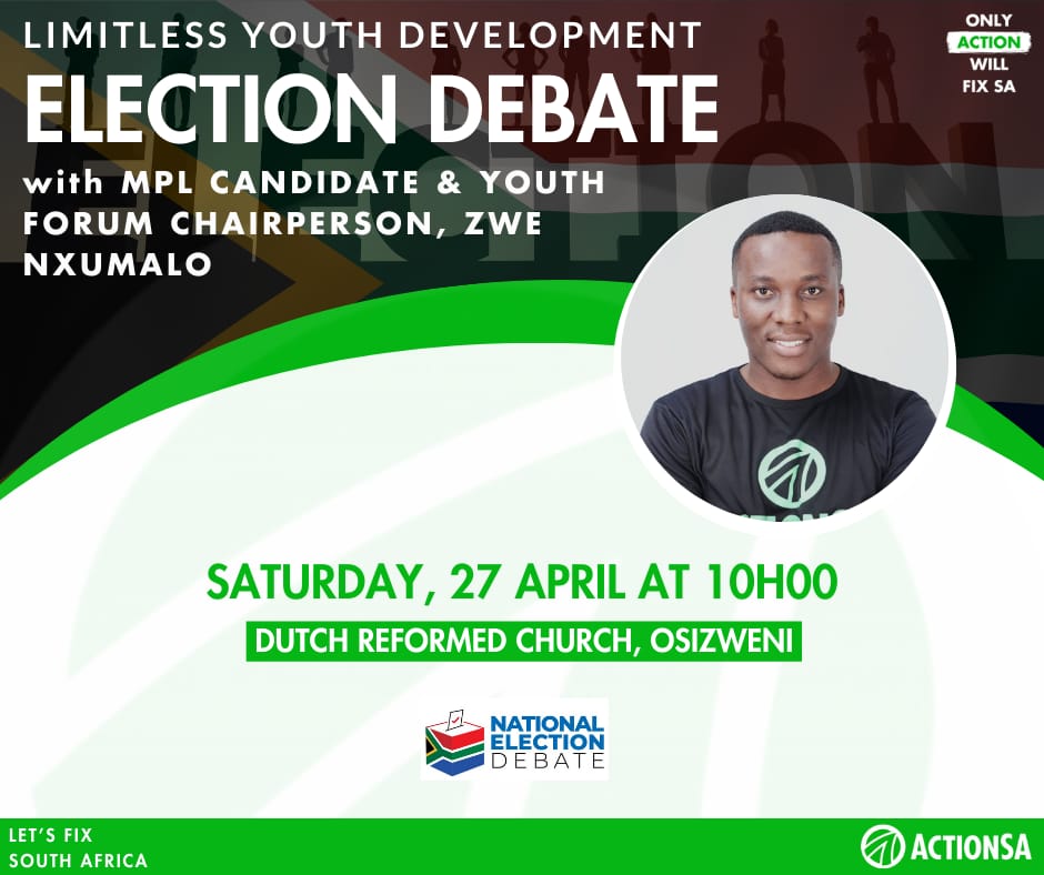 Catch Our @ActSA_KZN_Youth Provincial Chairperson and MPL Candidate @NxumaloZwe for the Election Debate tomorrow, the 27th of April 2024, at Dutch Reformed Church, Osizweni at 10:00am #ZwakeleMncwango4Premier #LetsFixOurProvince #OnlyActionWillFixSA #YourKZNOwnIt #RoadToNPE2024