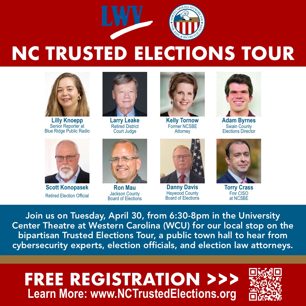 The 2024 Trusted Elections Town Hall tour is coming to Cullowhee on 4/30! Join us at @WCU at 6:30 to hear about the electoral process & voting system from election officials, election attorneys, and cybersecurity experts. Register: bit.ly/3JC7K7v #TrustedElections24