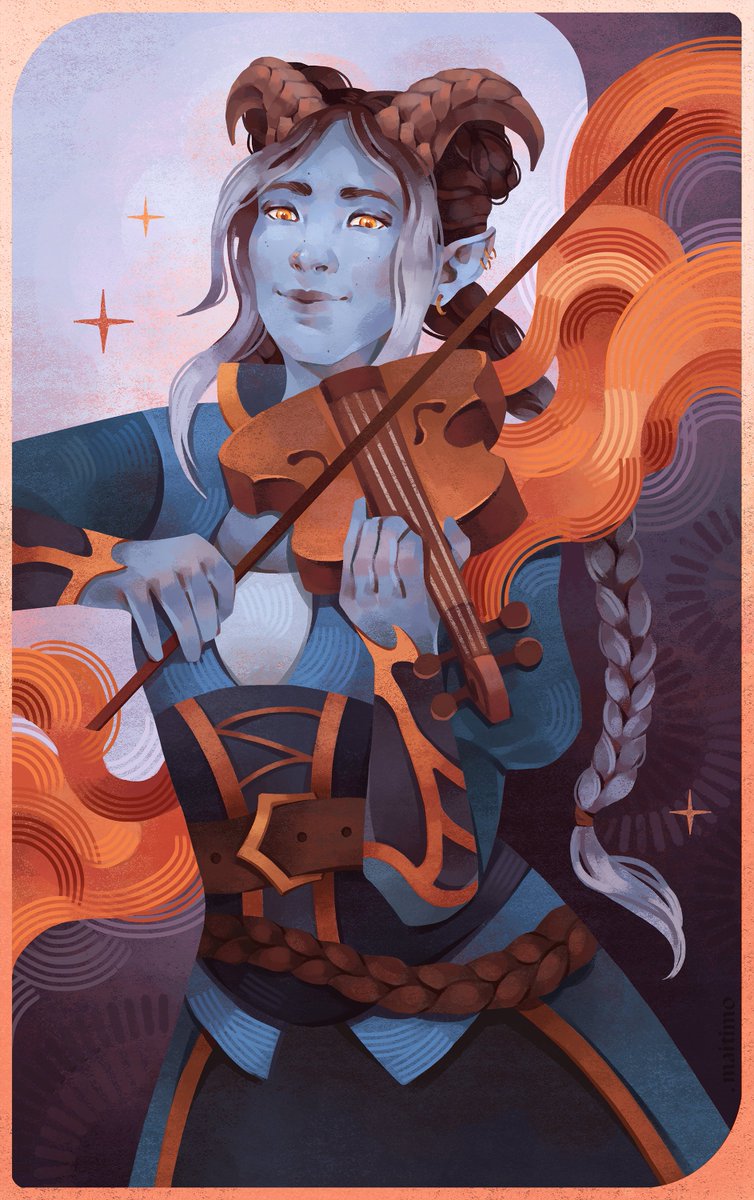 Finished the first of many commissioned paintings for April! 🎻 This is Dani - she is a bard who plays us a magical melody on her violin. Upon request, I made this tarot card in the style of my Gale tarot card :) #BaldursGate3 #BG3