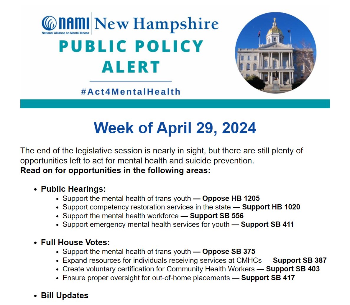 It only takes a few moments to #Act4MentalHealth! Check out the latest NAMI NH Public Policy Alert for information on how you can make your voice heard for mental health and suicide prevention: conta.cc/44eUFe1