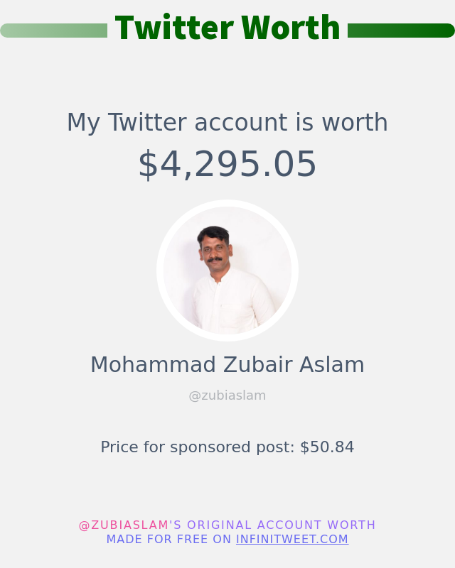 zubiaslam's tweet photo. My Twitter worth is: $4,295.05

➡️ https://t.co/i0Fk1bEh9p https://t.co/b39HFqpLdQ