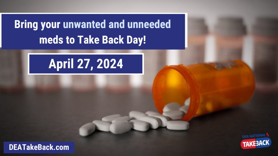 Tomorrow, April 27th, is the day! Help #DEA keep our communities safe & healthy. Dispose of your unneeded & unwanted prescriptions & medications at a DEA #TakeBackDay location between 10AM - 2PM local time. To find a location near you, visit: bit.ly/35JM1tL