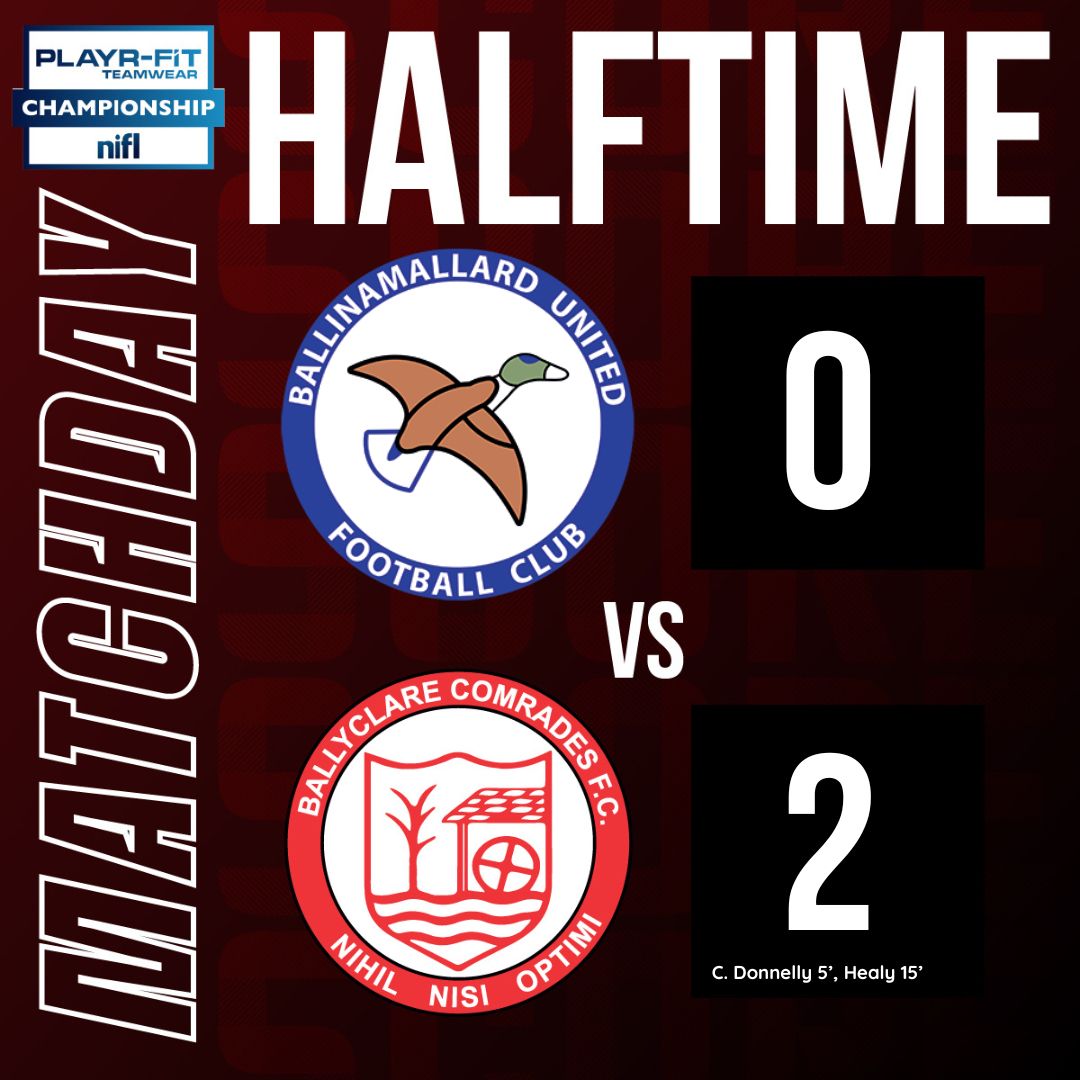 ⚽️ Halftime Score Sorry for delay. We took an early lead through Caolán Donnelly, and Brian Healy added a second soon after.
