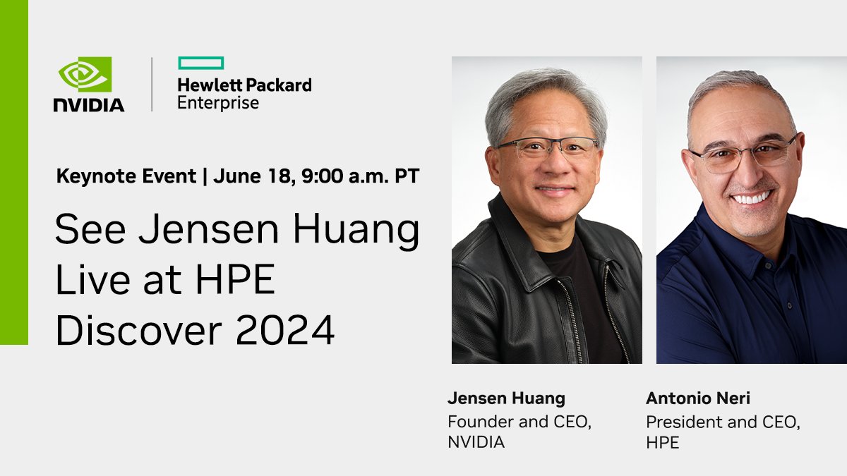 Join @nvidia Founder and CEO Jensen Huang and @HPE President & CEO @AntonioNeri_HPE live at Sphere in Las Vegas for the exciting #HPEDiscover Keynote on June 18 at 9am PDT. Save the date now. nvda.ws/4dtMXRB @HPE_Discover #AI #DataCenter