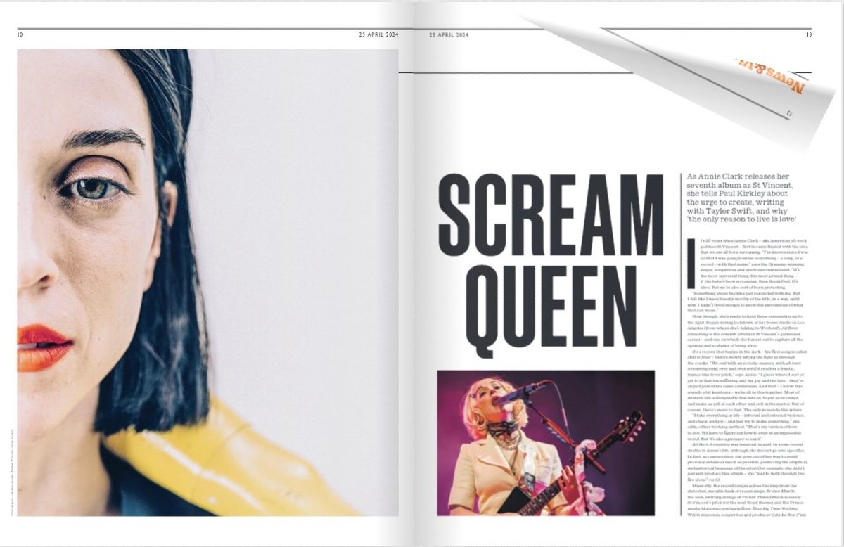 Interviewed St Vincent about her terrific new album All Born Screaming, being a famous woman in a 'burn the witch' era - and co-writing one of Taylor Swift's gazillion-selling hits 👀 weekend-online.com/issue694/10/in…