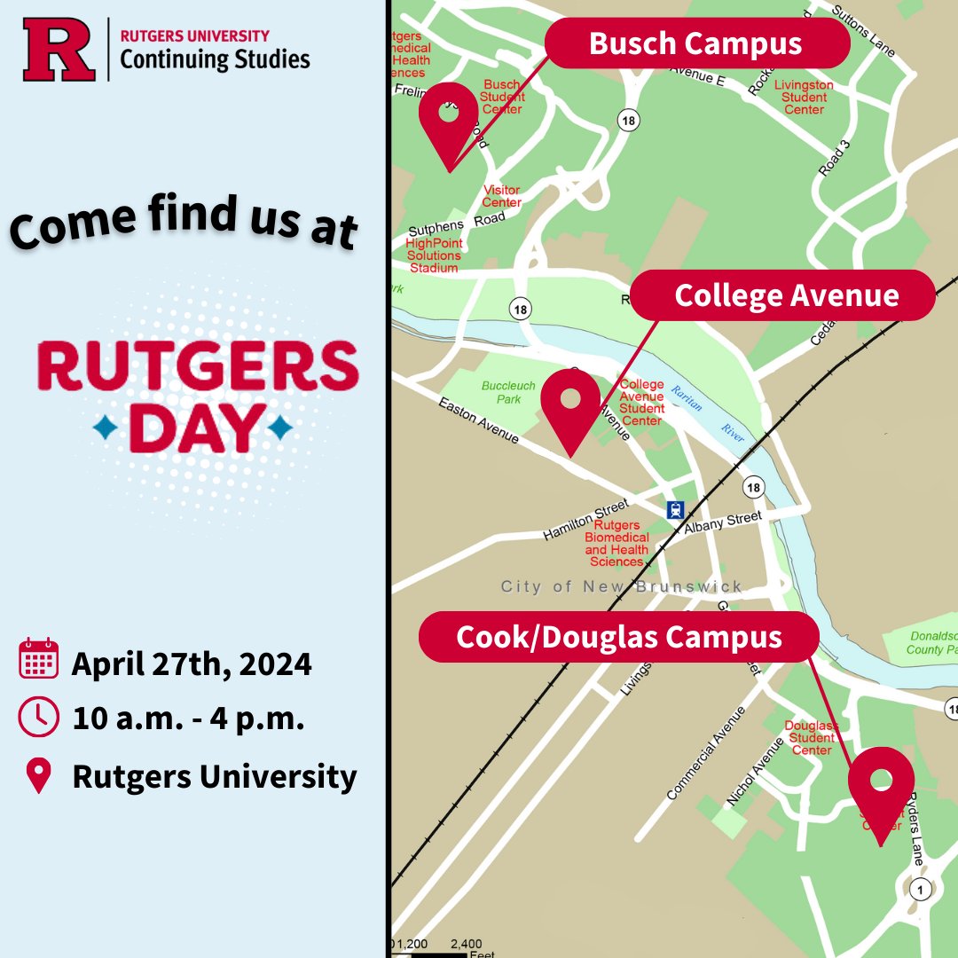 The Division of Continuing Studies is excited to meet you all tomorrow, April 27, for Rutgers Day. Stop by and meet some of our amazing teams!
 
You can find us at Busch, College Ave., and Cook/Douglas Campus all day!