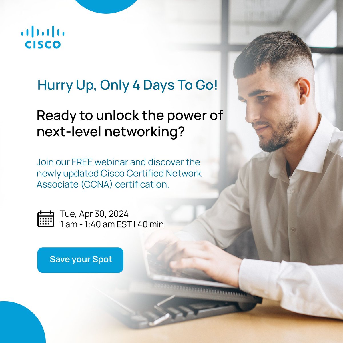 Enhance your networking prowess with the NEW CCNA certification! 
Only 4 days left to register! 
Gain skills in configuring, troubleshooting, security, and Cisco IOS. Get expert advice and tips to excel. 
Register Now!
buff.ly/3xCpRre 
#FreeWebinar #CCNA #Networking