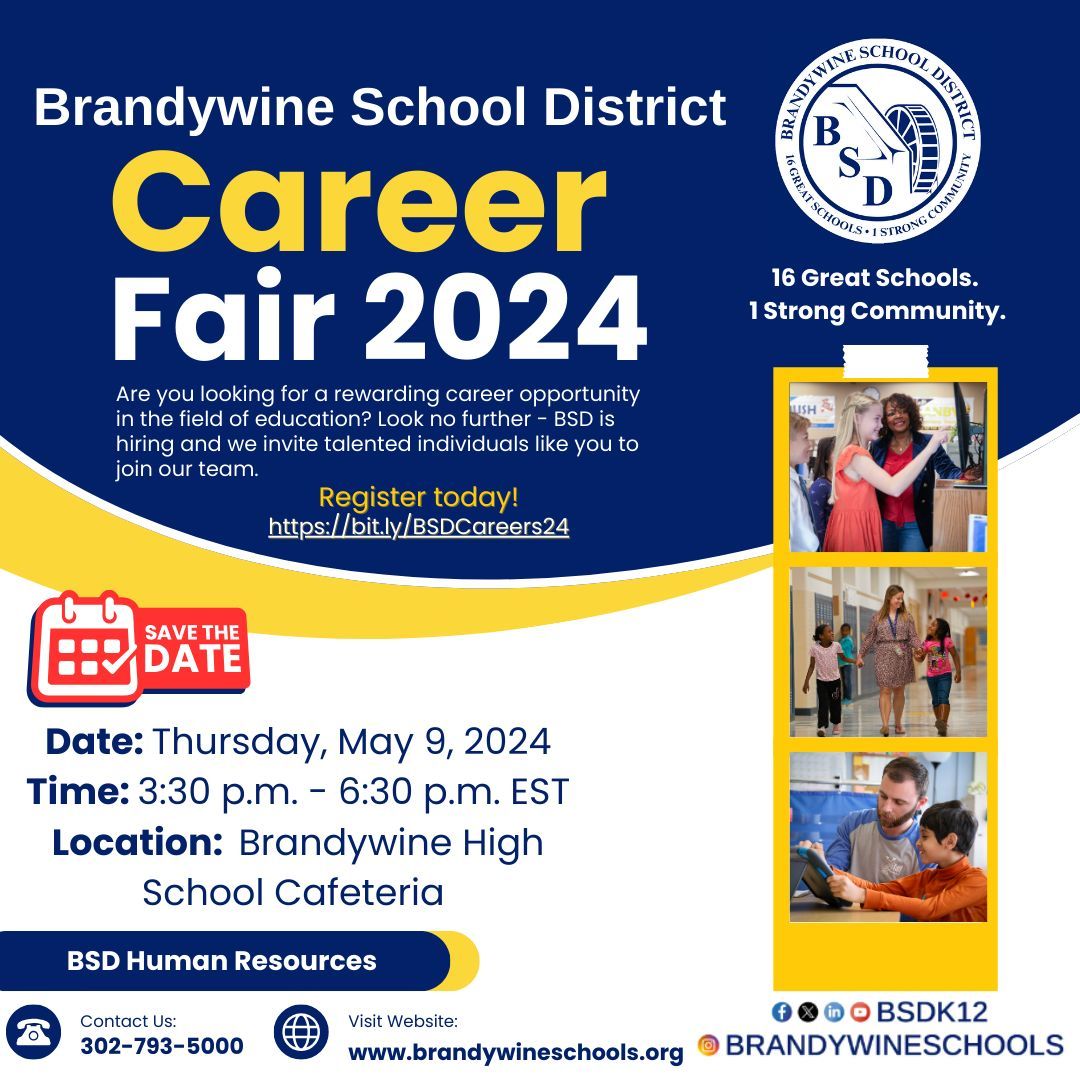 Become a #Proud2bBSD educator! The Brandywine School District invites you to attend a Career Fair on Wednesday, May 9th from 3:30-6:30pm at Brandywine High School (1400 Foulk Rd, Wilmington, DE 19803). Register today at buff.ly/3vOK24X