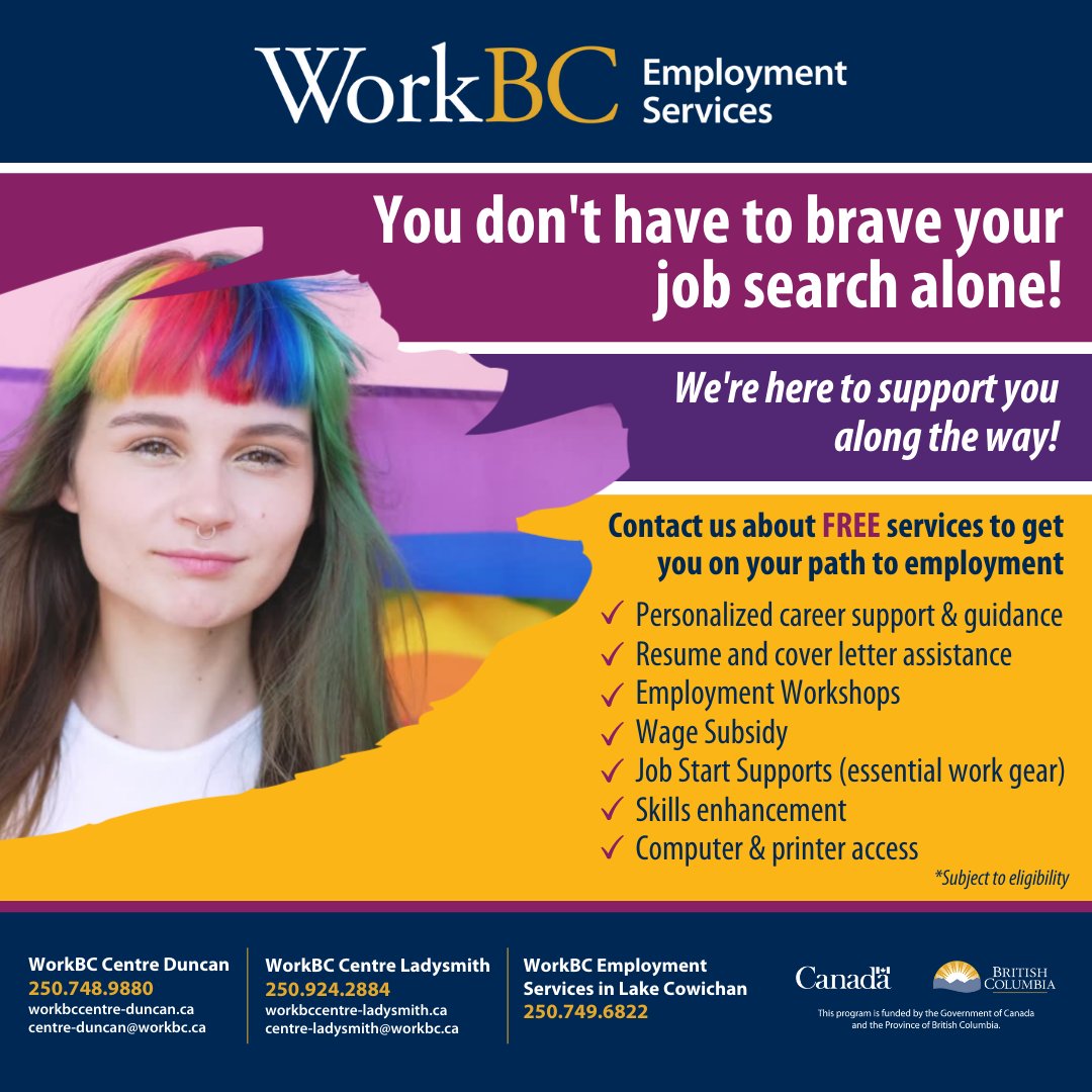 If you'd like support searching for work, WorkBC is here to help with our FREE employment services. #workbc #cowichanvalley #ladysmith