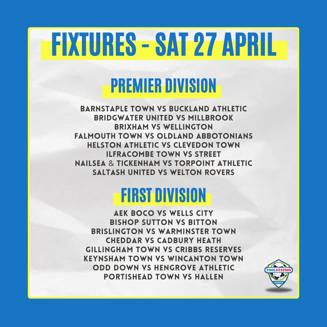 _WesternLeague_'s tweet photo. FIXTURES | Here's a look at the fixtures taking place tomorrow in the Toolstation Western League.
#TSWL https://t.co/7Frh4IOsyu
