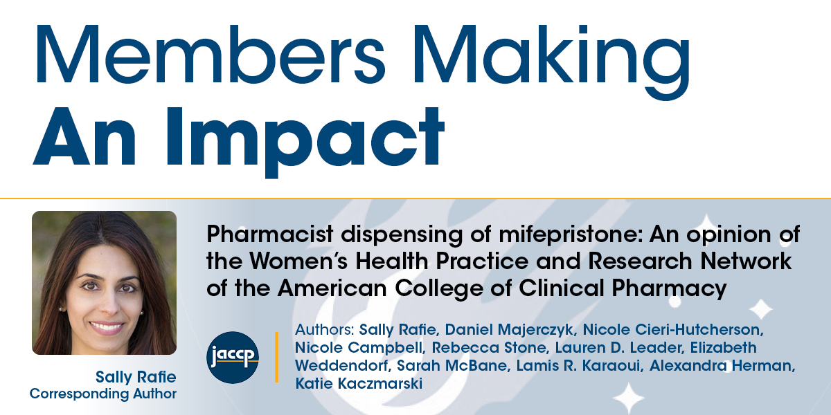 Congratulations to ACCP member Sally Rafie and co-authors on the recent publication of their article in JACCP! Access the article here: ow.ly/fPCR50R6KGI

@JACCPJournal @SallyRafie #MakingAnImpact #ACCP #OpenAccess #TwitteRx