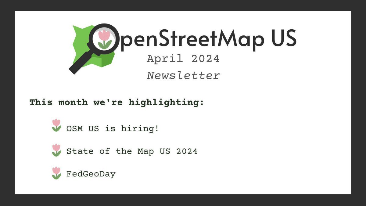 OpenStreetMapUS's tweet image. 🤓  Read our April newsletter and catch up on all things OSM US 🔗 buff.ly/49Vpe9P 

#OpenStreetMap #OpenStreetMapUS #geospatial #opensource